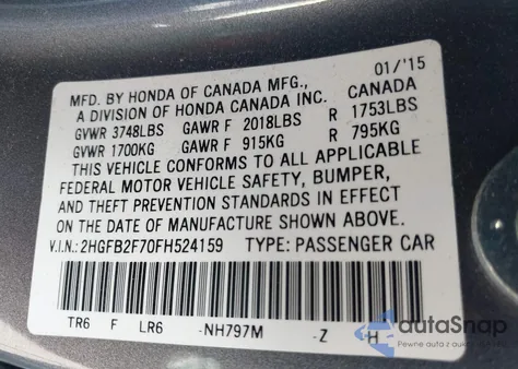 2015 Honda Civic Se from USA, damaged, VIN 2HGFB2F70FH524159